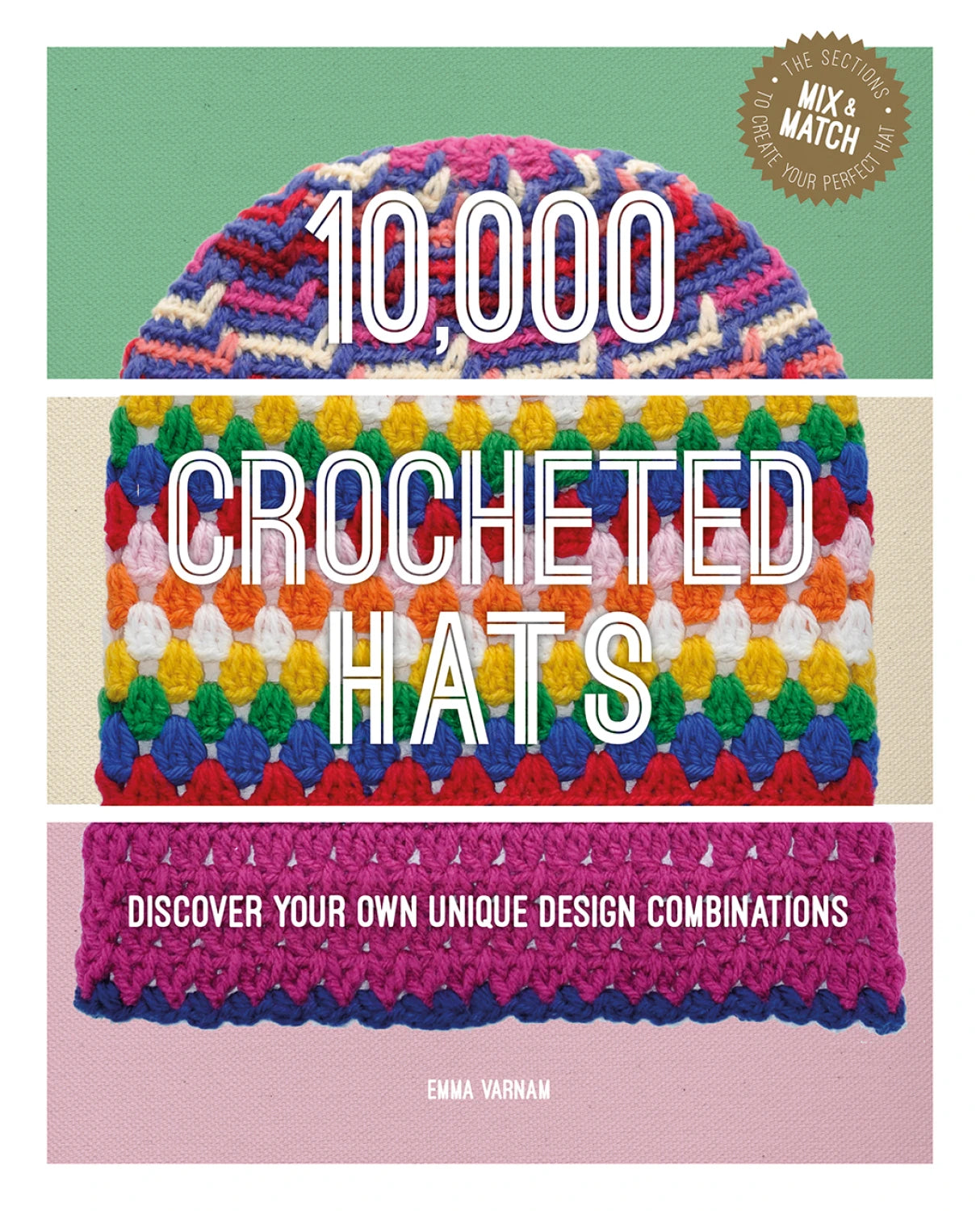 Checker Distributors book cover with colorful crocheted hat samples titled 10000 Crocheted Hats crochet hat inspiration book