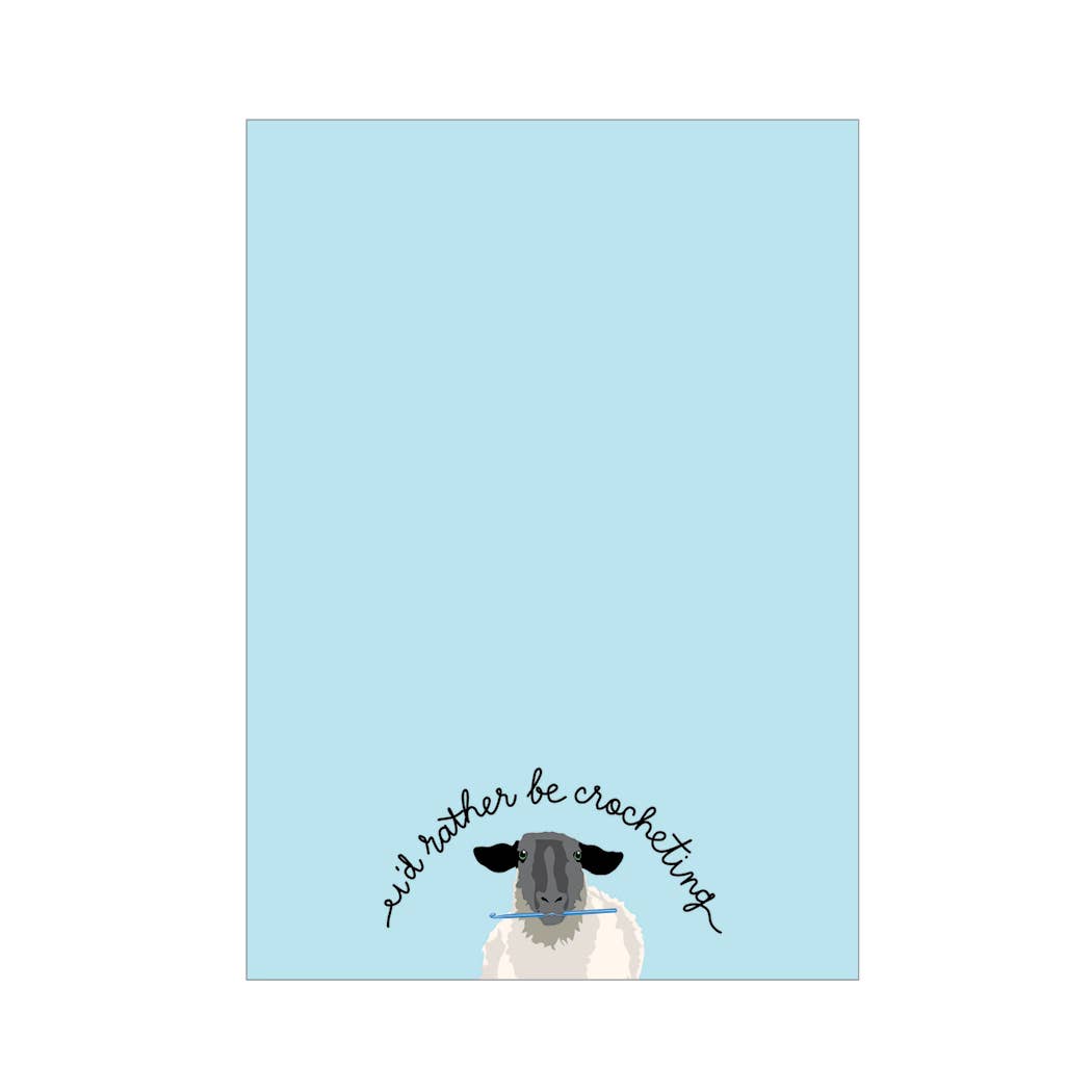 Light blue apartment 2 cards crochet notepad featuring a sheep illustration at bottom with Id rather be crocheting script
