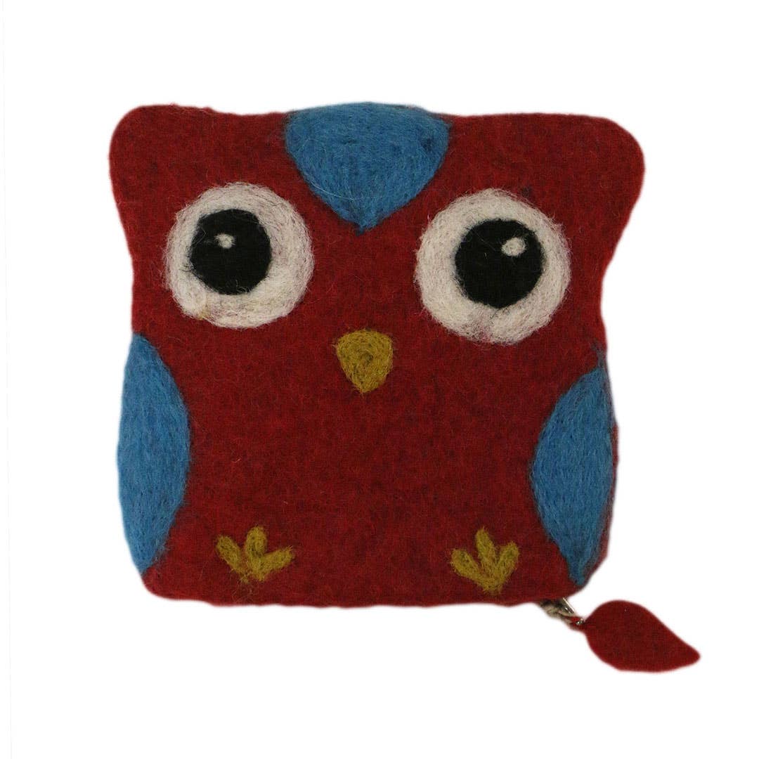 Colorful owl design felt bag with blue and red features, perfect for everyday use