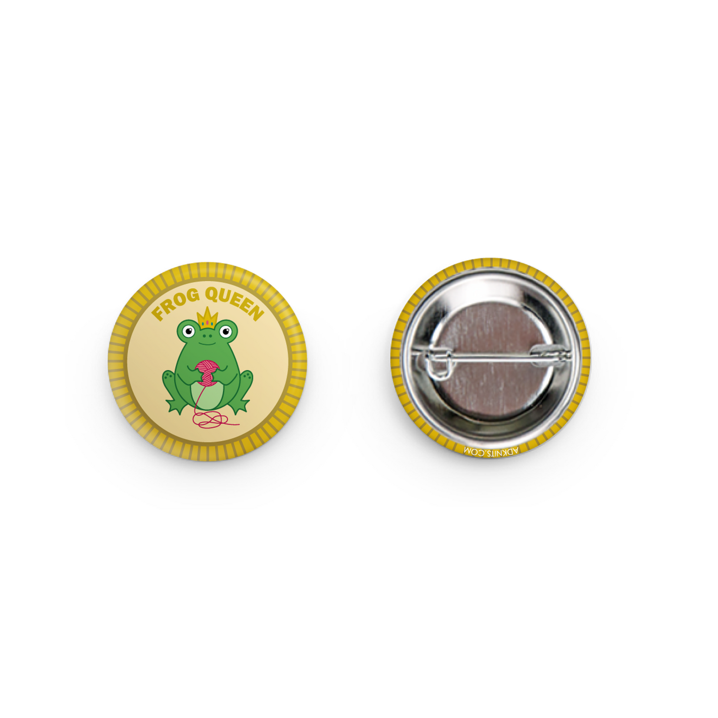 Frog Queen Button featuring a cute frog holding knitting knits with a colorful design