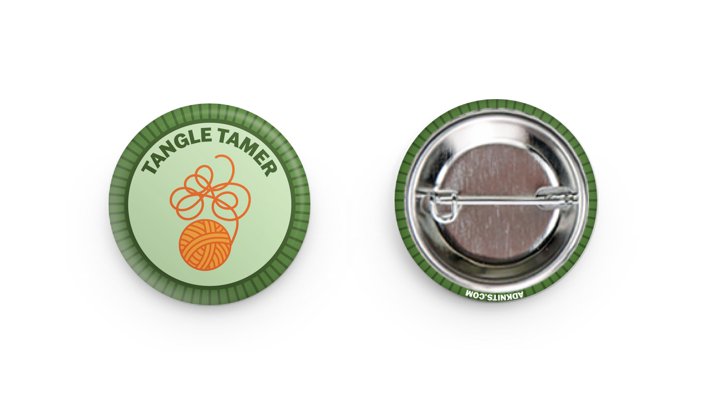 Camp Stitchwood Tangle Tamer Pin with Yarn Ball Design for knitting knits enthusiasts