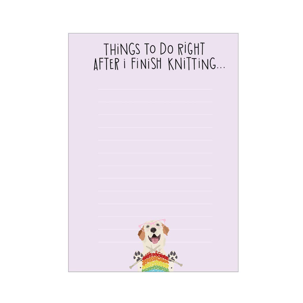 Lavender lined notepad with playful header and smiling dog in rainbow sweater finish knitting checklist notepad