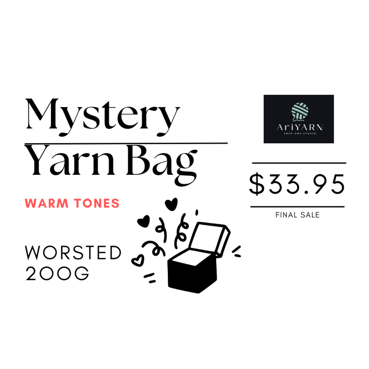 Worsted yarn mystery bag from AriYARN Shop featuring warm tones and 200g of assorted yarn