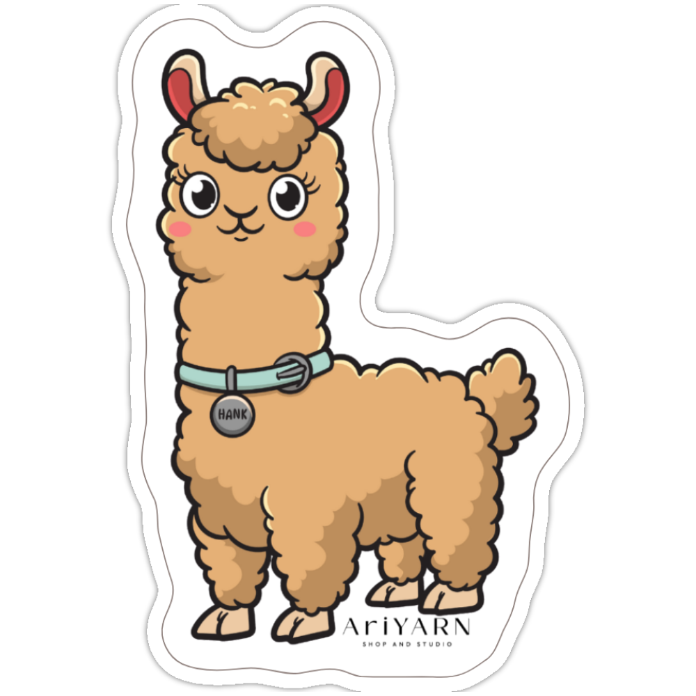 AriYARN Shop and Studio knitting llama sticker featuring a cute fluffy brown llama with collar