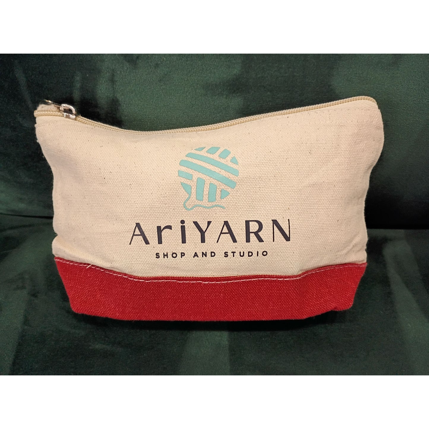 AriYARN Shop and Studio canvas pencil pouch zip with red bottom and logo