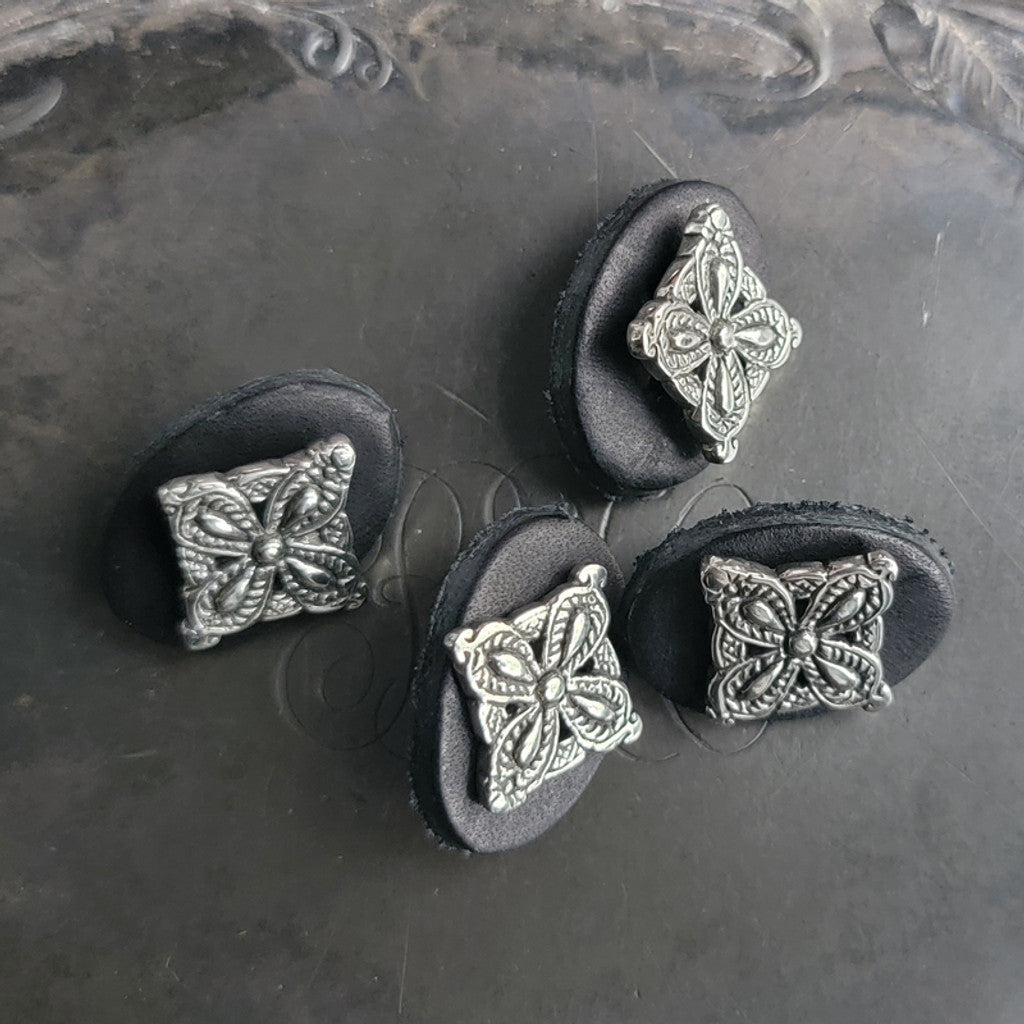 Jul Designs decorative metal buttons for knitting set of four ornate silver floral square buttons on black leather shanks