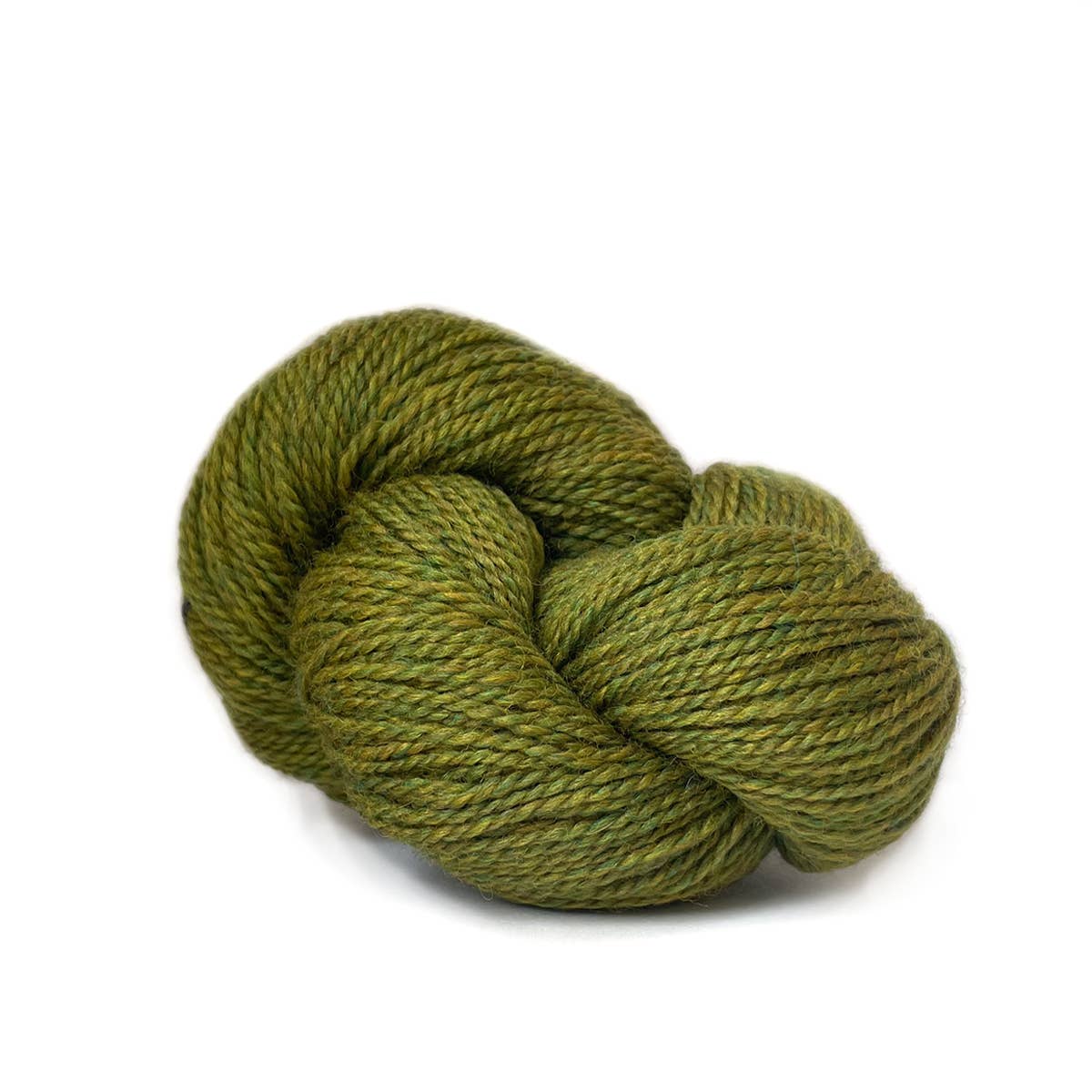 Kelbourne Woolens olive marled skein of fingering weight 100% wool yarn for knitting garments and socks