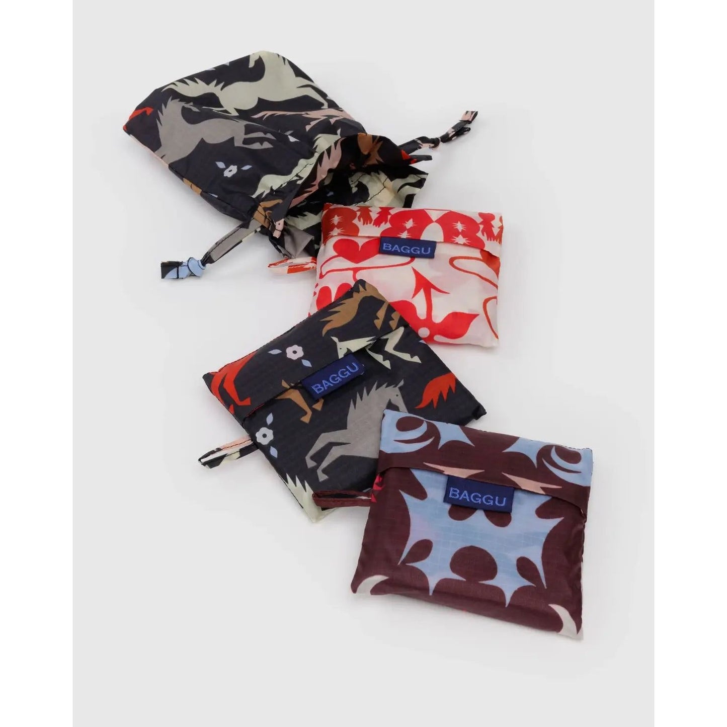 Baggu Standard Reusable Bag Set featuring colorful designs, easy to fold and store for eco-friendly shopping