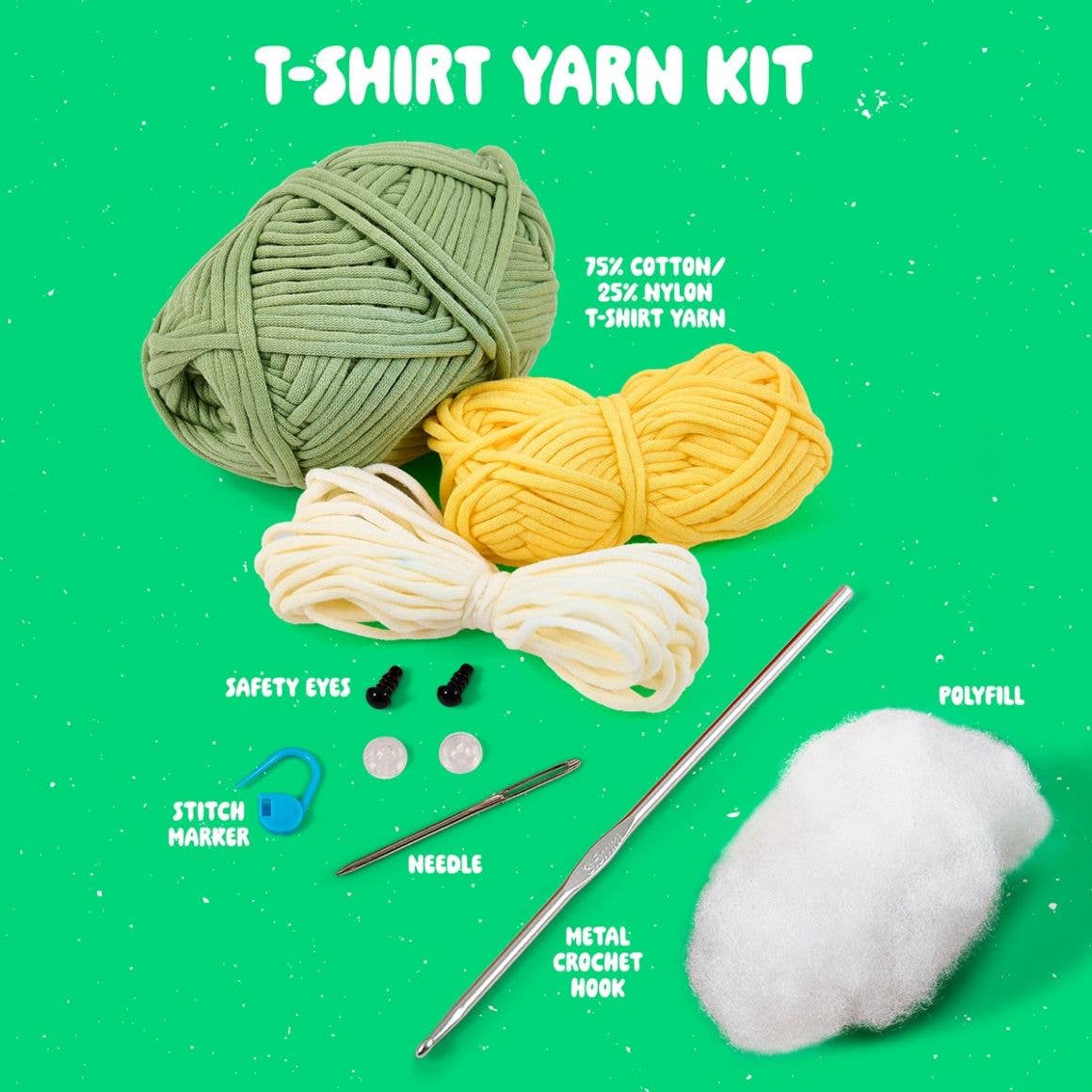 Plaid Crafts amigurumi crochet kit dinosaur with green, yellow, and white yarn, safety eyes, stitch marker, needle, metal crochet hook, and polyfill