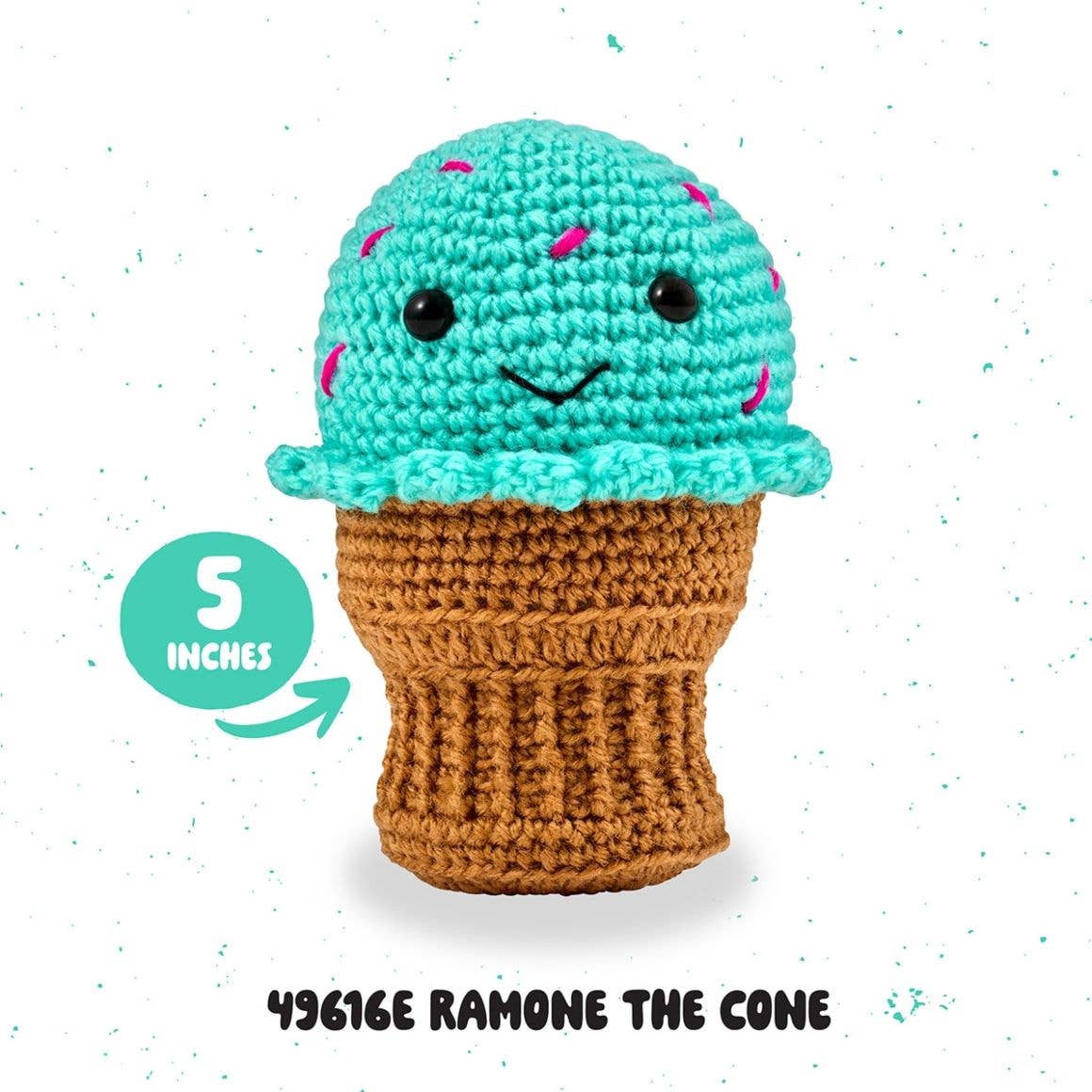 Bucilla amigurumi crochet kit turquoise ice cream cone with pink sprinkles brown waffle cone smiling face 5 inch