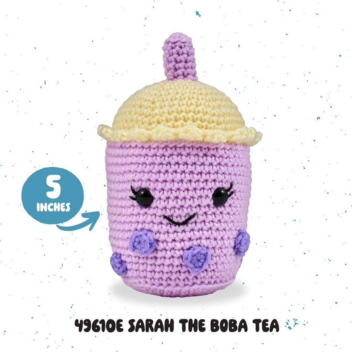 Plaid Crafts amigurumi crochet kit Sarah the purple boba tea plush 5 inches with smiling face and pearls