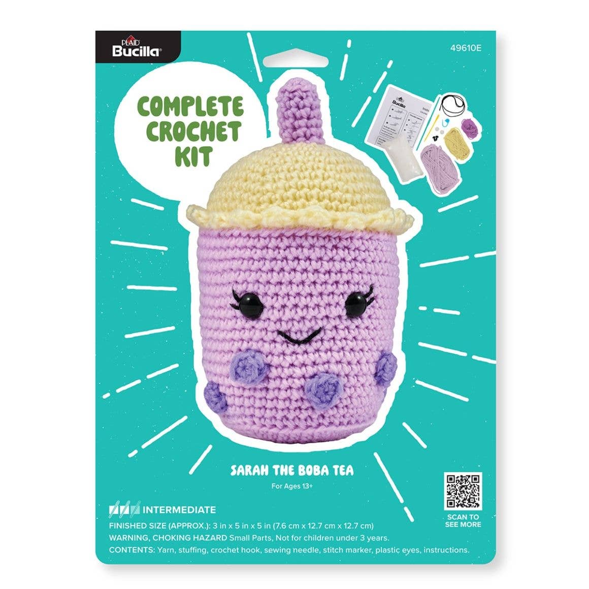 Plaid Crafts amigurumi crochet kit Sarah the Boba Tea plush purple cup with smiling face and pearls