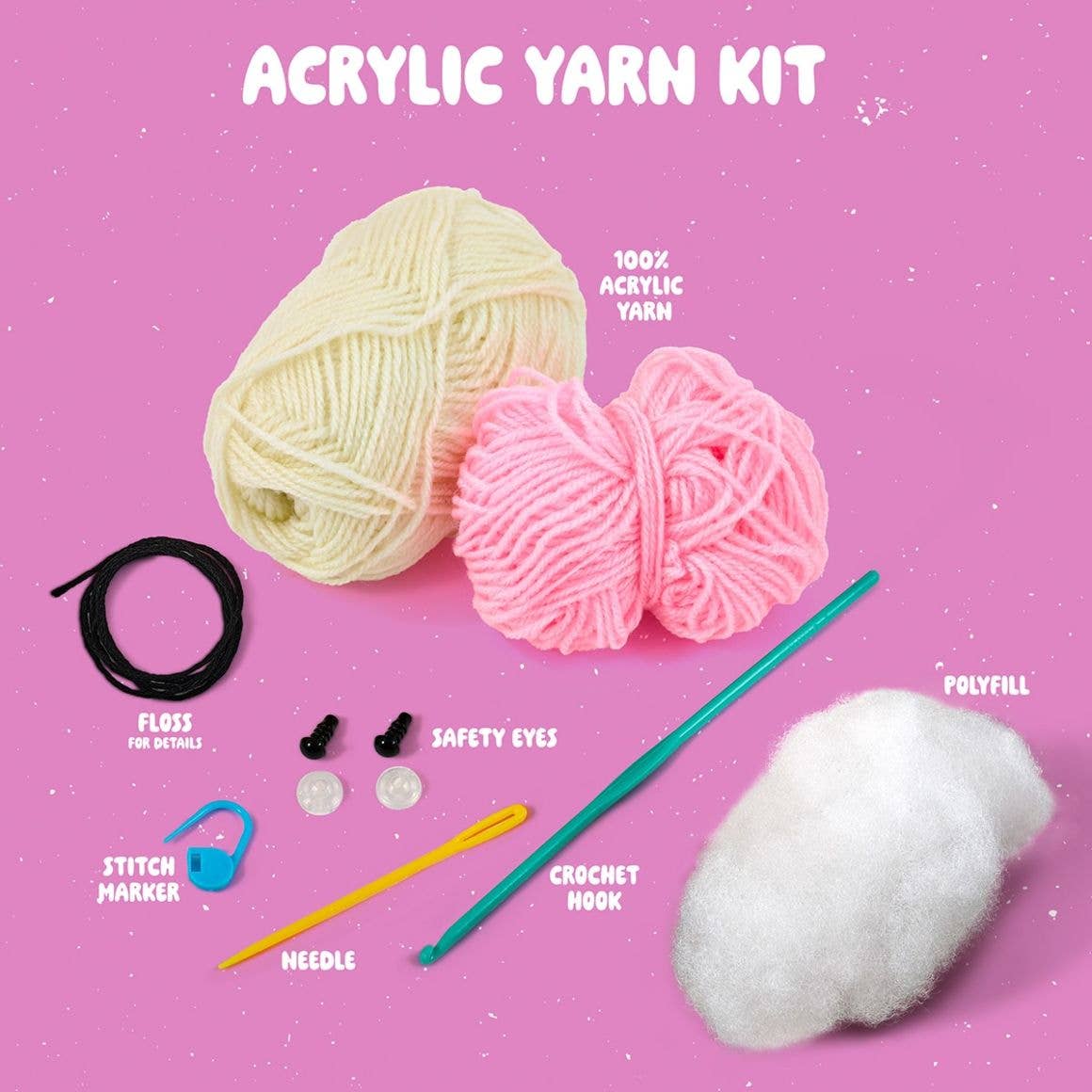 Plaid Crafts acrylic yarn kit with hook needle polyfill and safety eyes for a beginner amigurumi crochet project