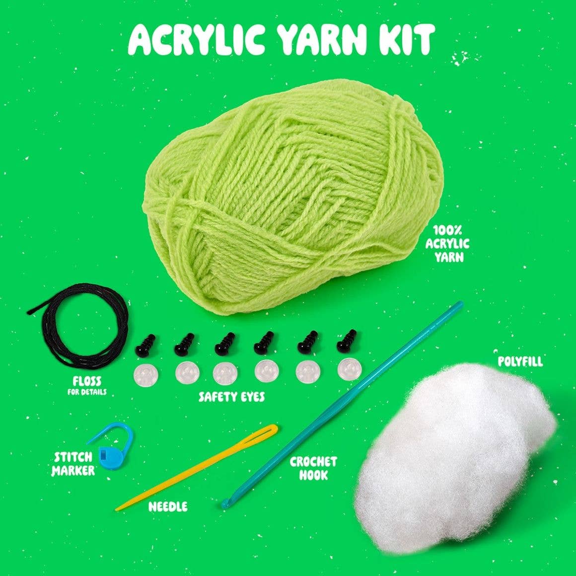 Bucilla amigurumi triplets acrylic yarn kit with lime green yarn ball safety eyes hook needle polyfill