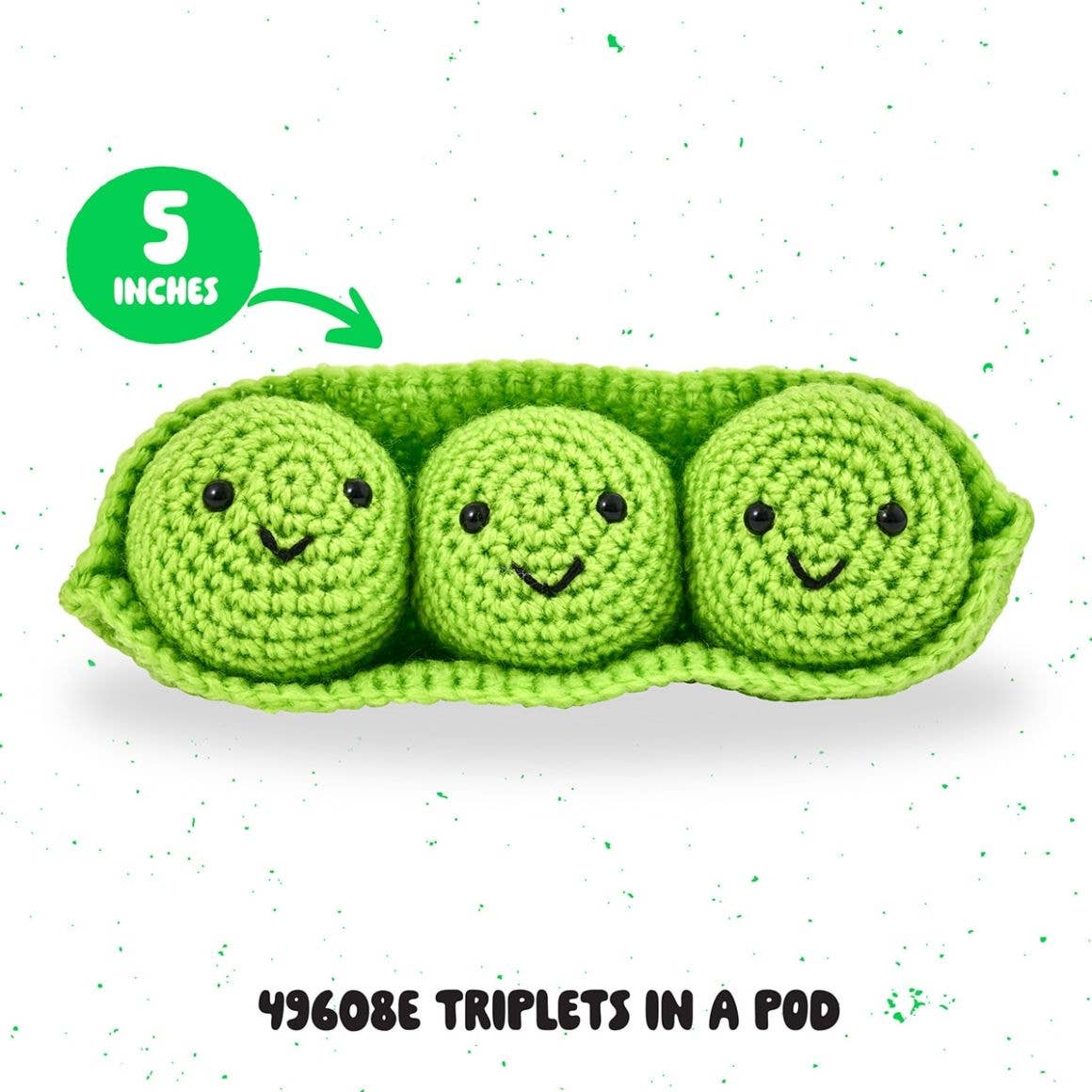 Bucilla amigurumi triplets three 5 inch green crocheted peas with smiling faces in a knit pea pod Plaid Crafts