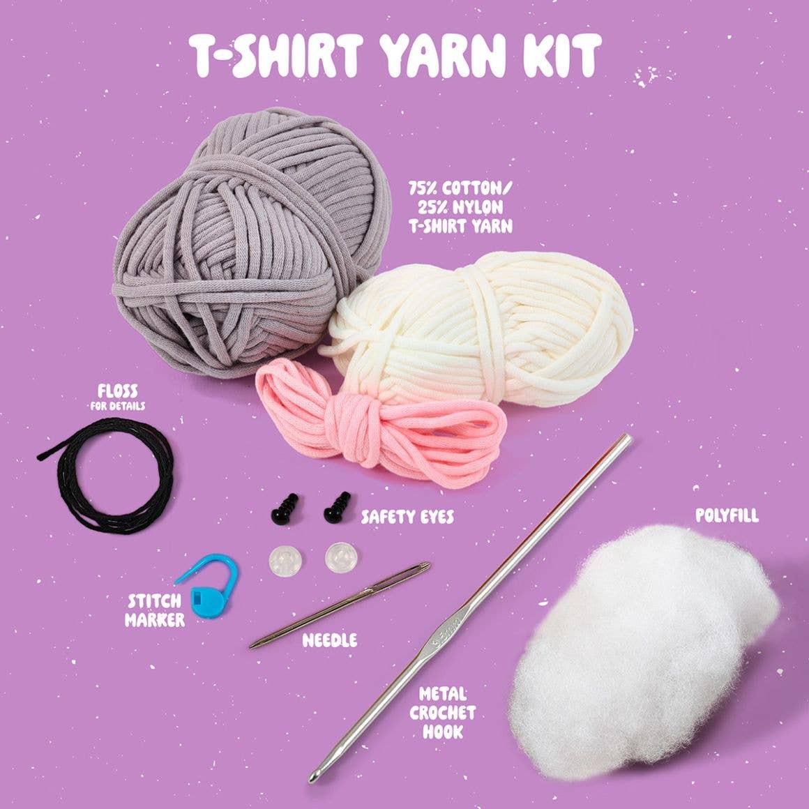 Bucilla Caylee the Cat crochet kit with gray cream and pink t shirt yarn safety eyes crochet hook needle polyfill