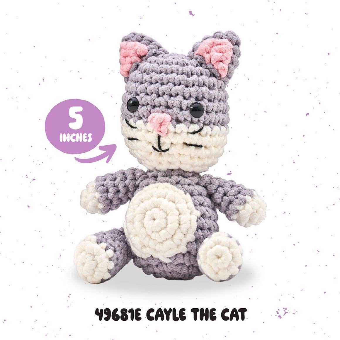Bucilla Caylee the Cat crochet kit plush gray and cream 5 inch amigurumi cat with pink nose and black eyes