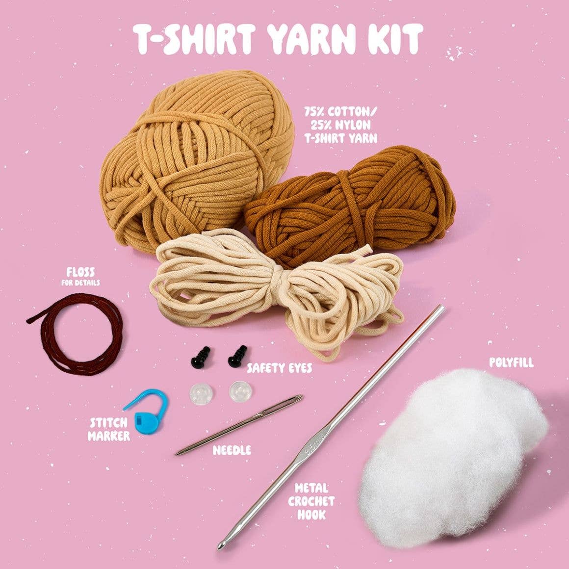 Bucilla Dion the Dog crochet kit with tan and brown t shirt yarn safety eyes metal crochet hook needle and polyfill