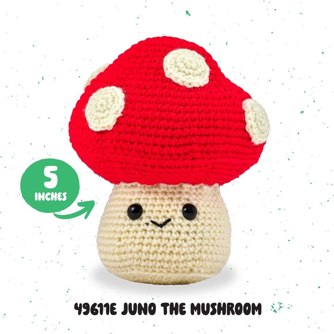 Bucilla Juno the Mushroom crochet kit red capped 5 inch amigurumi mushroom with cream spots and smiling face
