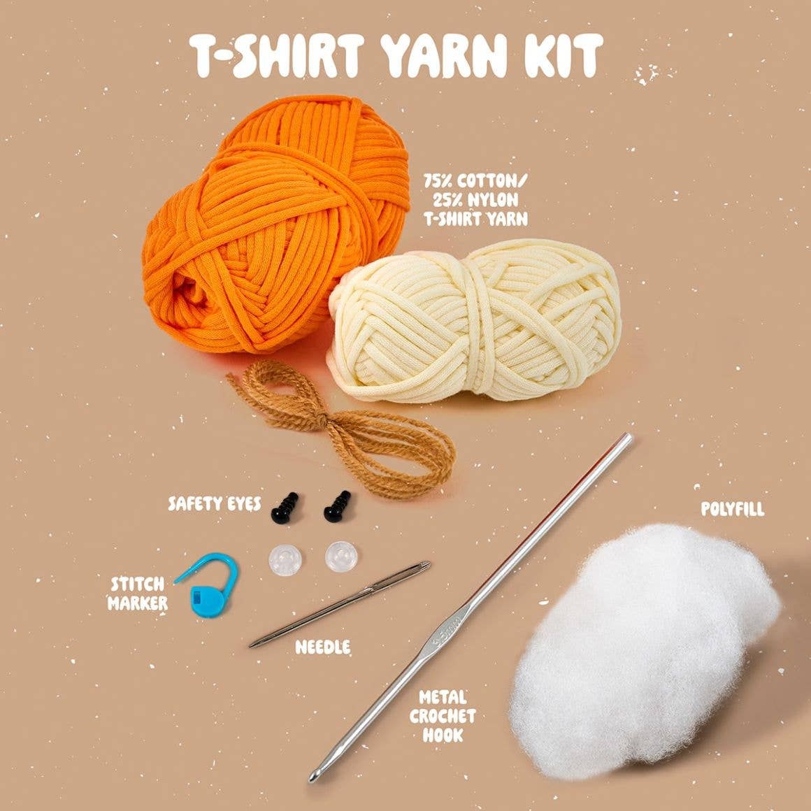 Bucilla Tommy the Fox kit T shirt yarn set with orange and cream skeins safety eyes crochet hook needle polyfill