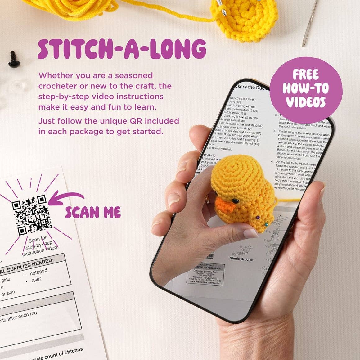 Phone showing crocheted yellow chick, yarn, QR code and Stitch A Long instructions promoting Bucilla Tommy the Fox kit
