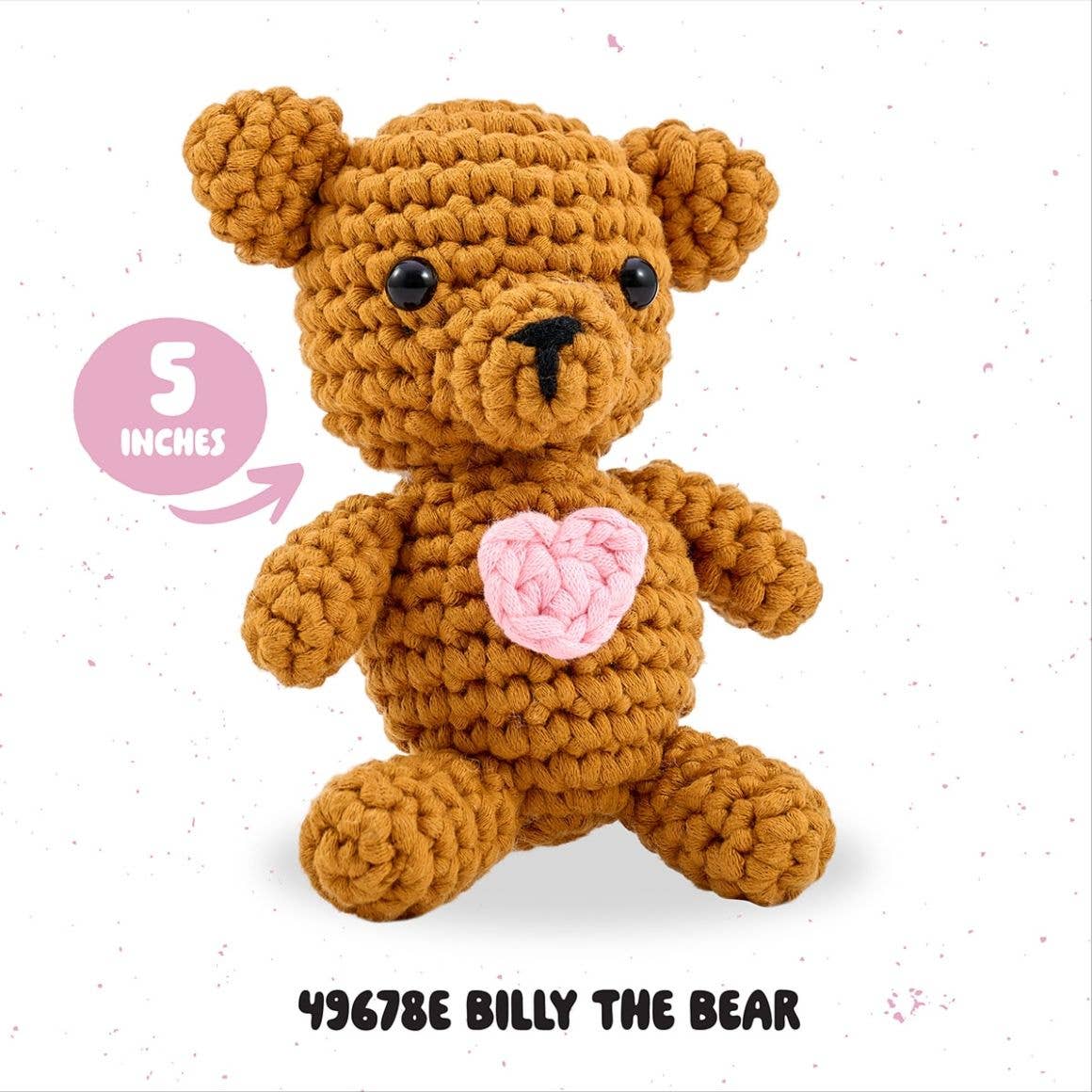 Bucilla crochet animal kit featuring a 5-inch brown crochet bear with a pink heart on its chest