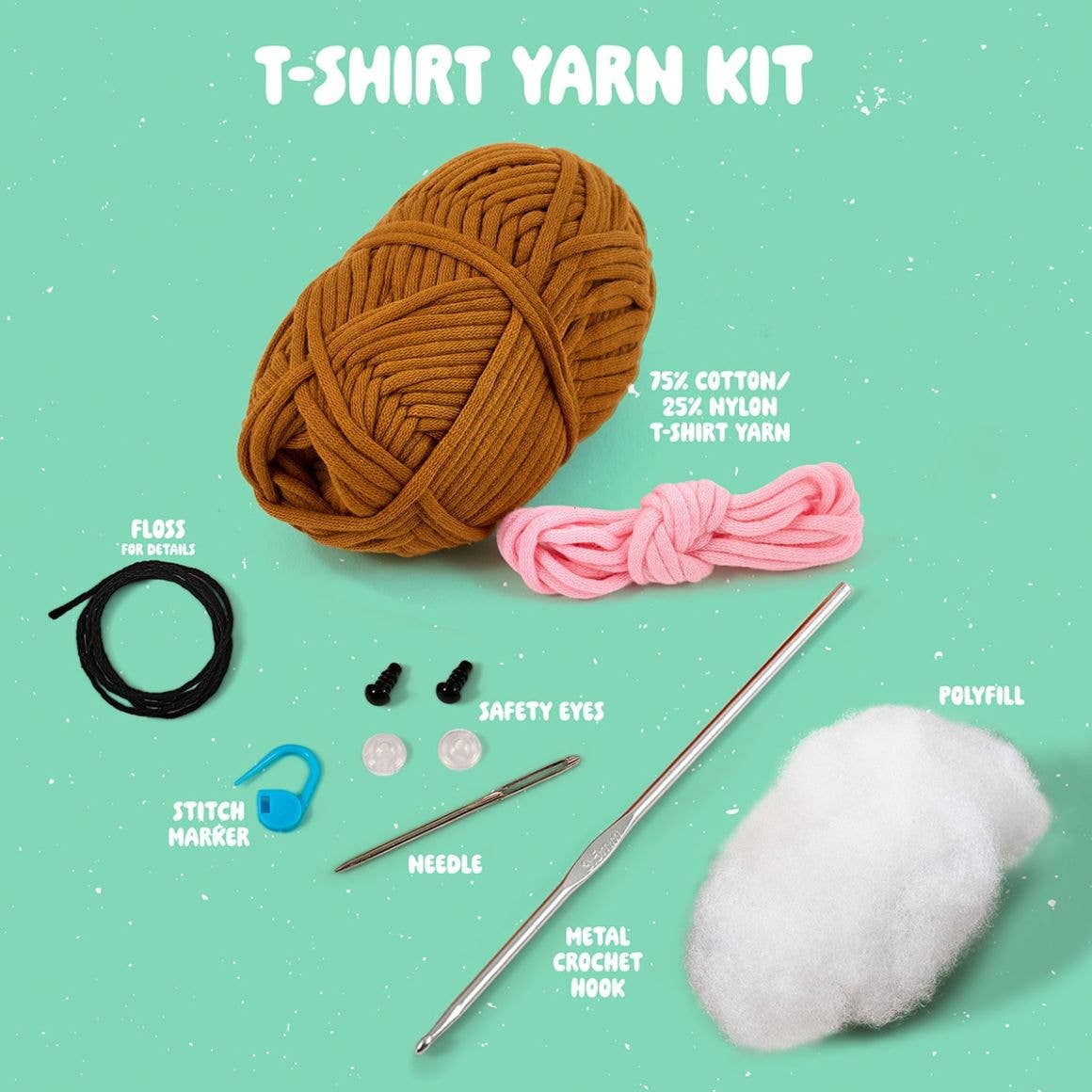 Bucilla crochet animal kit T-shirt yarn kit with brown and pink yarn, metal crochet hook, safety eyes, needle, floss, stitch marker, and polyfill