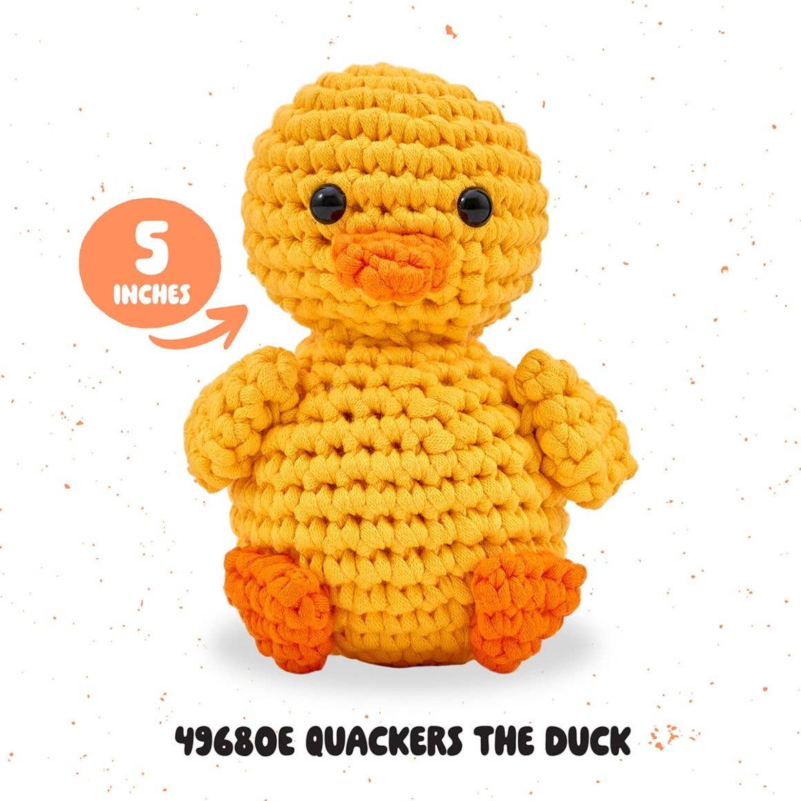Plaid Crafts duck crochet kit for beginners showing a 5 inch yellow amigurumi duck plush with orange feet