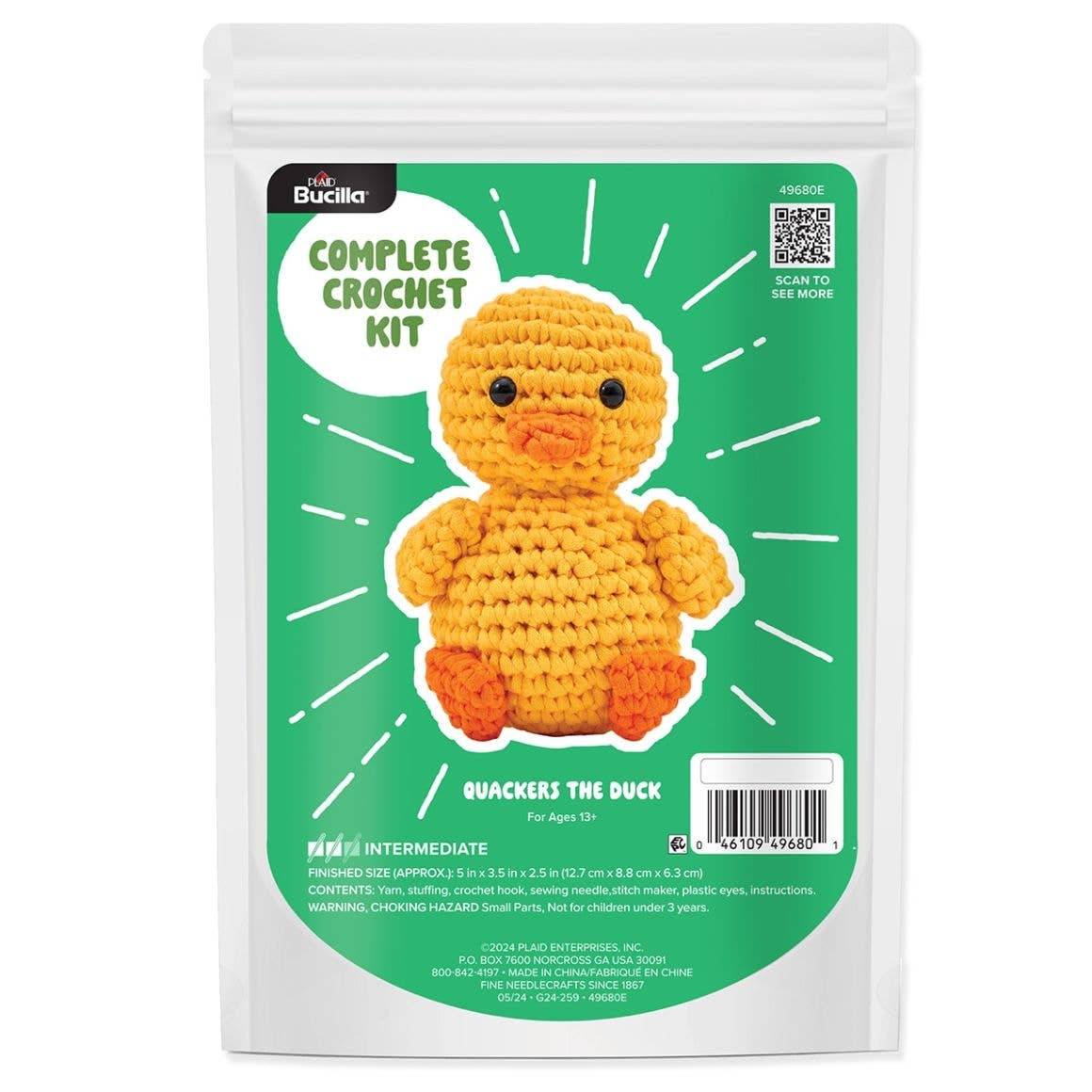 Plaid Crafts complete crochet kit packaging with yellow Quackers the Duck toy duck crochet kit for beginners
