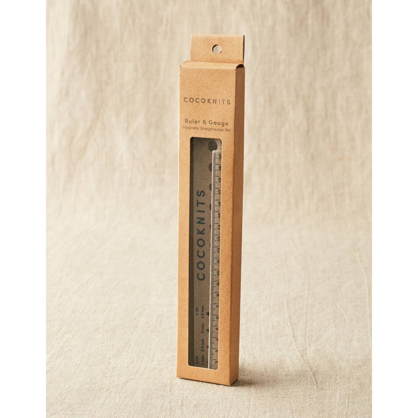 Cocoknits knitting ruler and gauge set packaged in a cardboard box for precise measurements