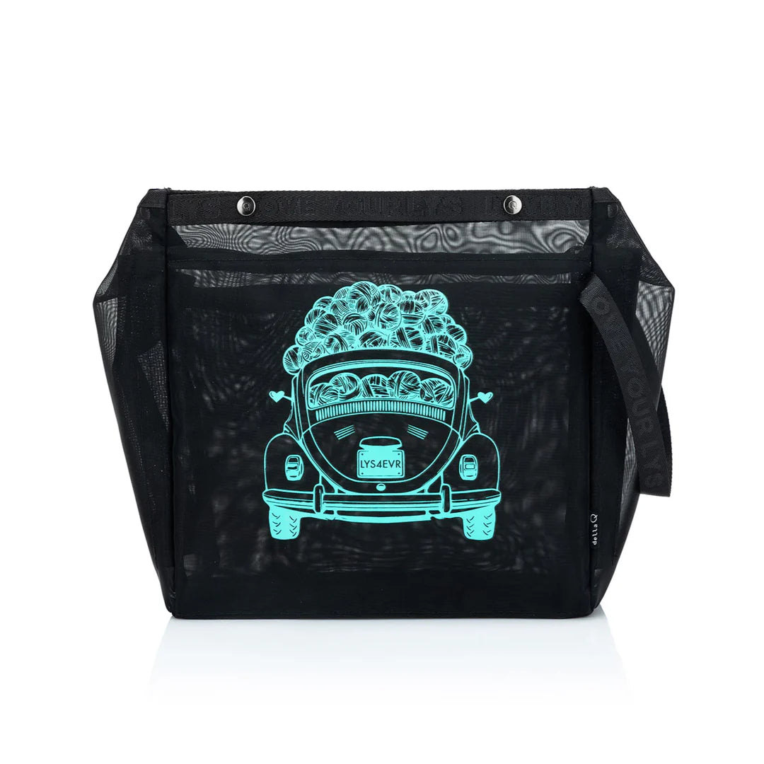 Madelinetosh black mesh knitting project bag with pockets featuring turquoise car and yarn graphic