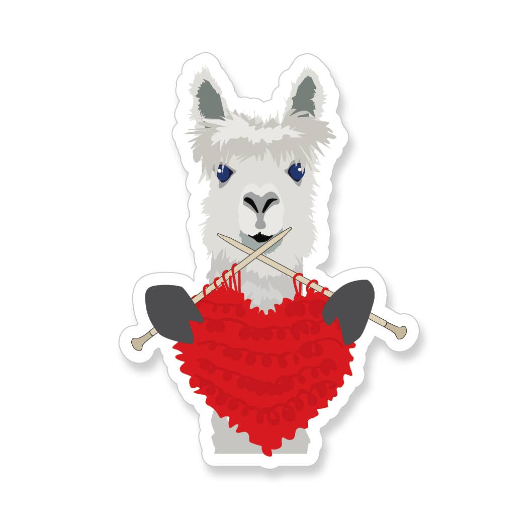 White alpaca holding crossed knitting needles and a red heart shaped knit in its mouth alpaca knitting sticker
