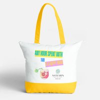 AriYARN Shop and Studio cotton tote bag for crochet supplies white with yellow straps and colorful yarn cocktail print