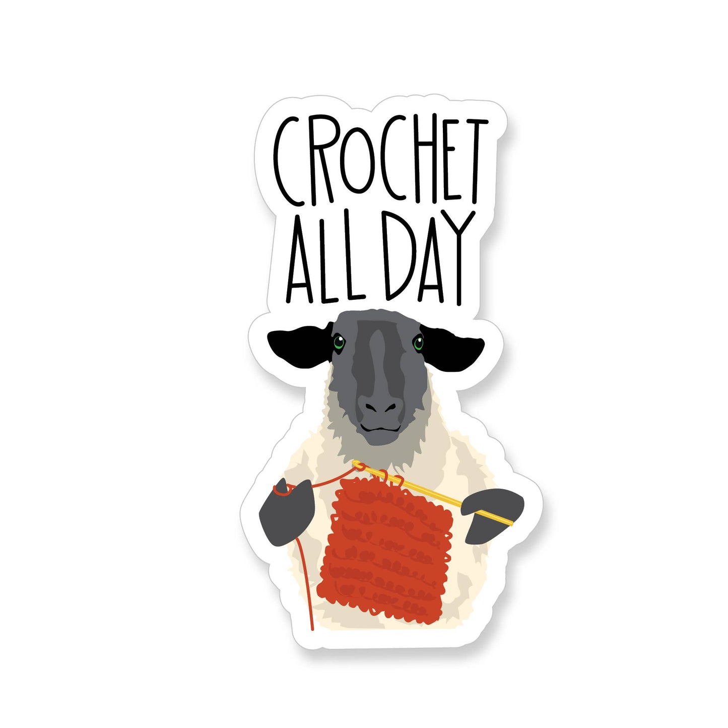 Crochet all day sticker featuring a sheep holding a crochet piece, perfect for crochet enthusiasts