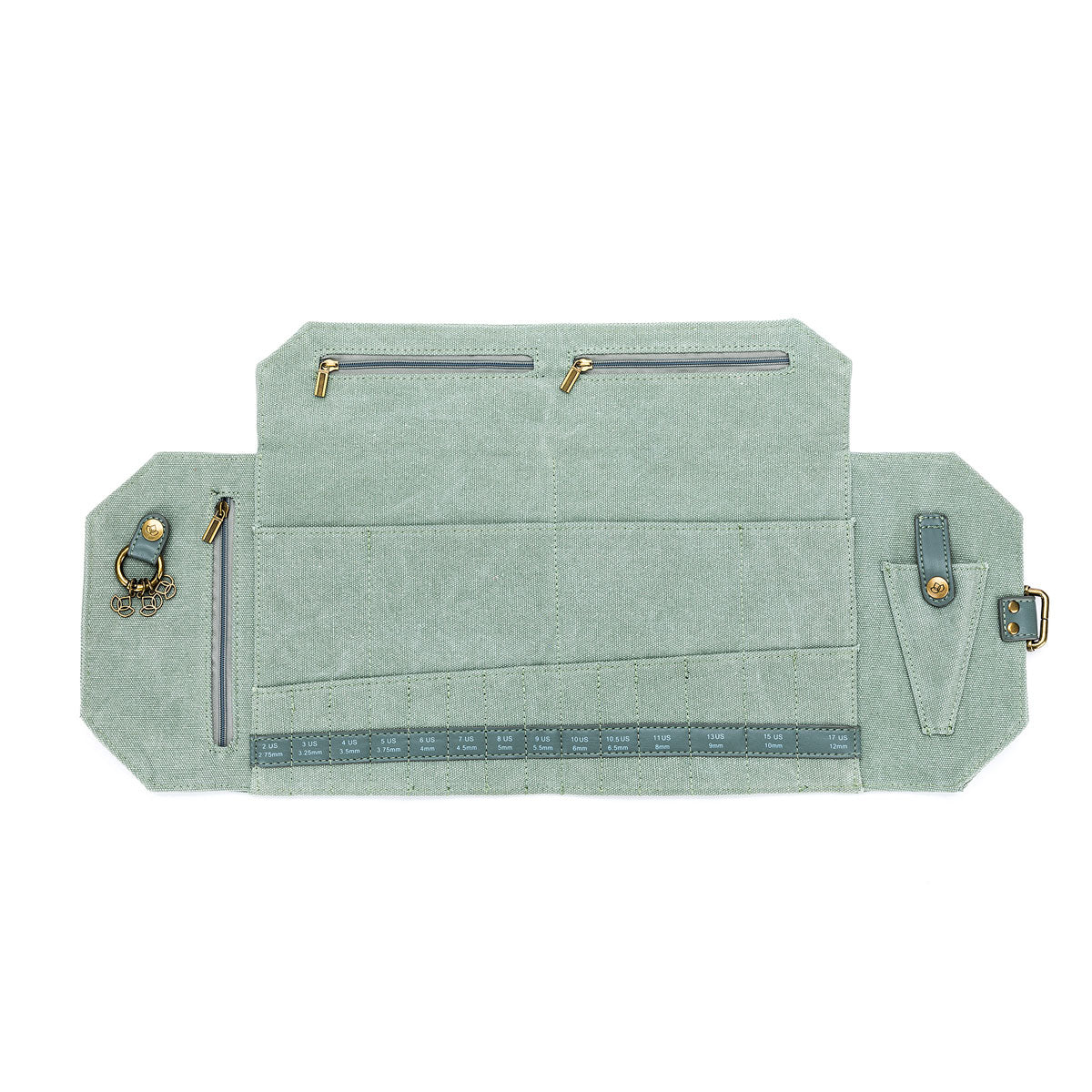 Della Q needle case sage with multiple pockets and zippers for organized storage of knitting supplies