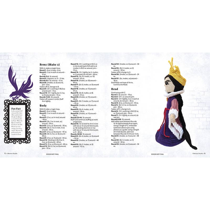 Crochet pattern guide for Disney the villains doll showcasing step-by-step instructions