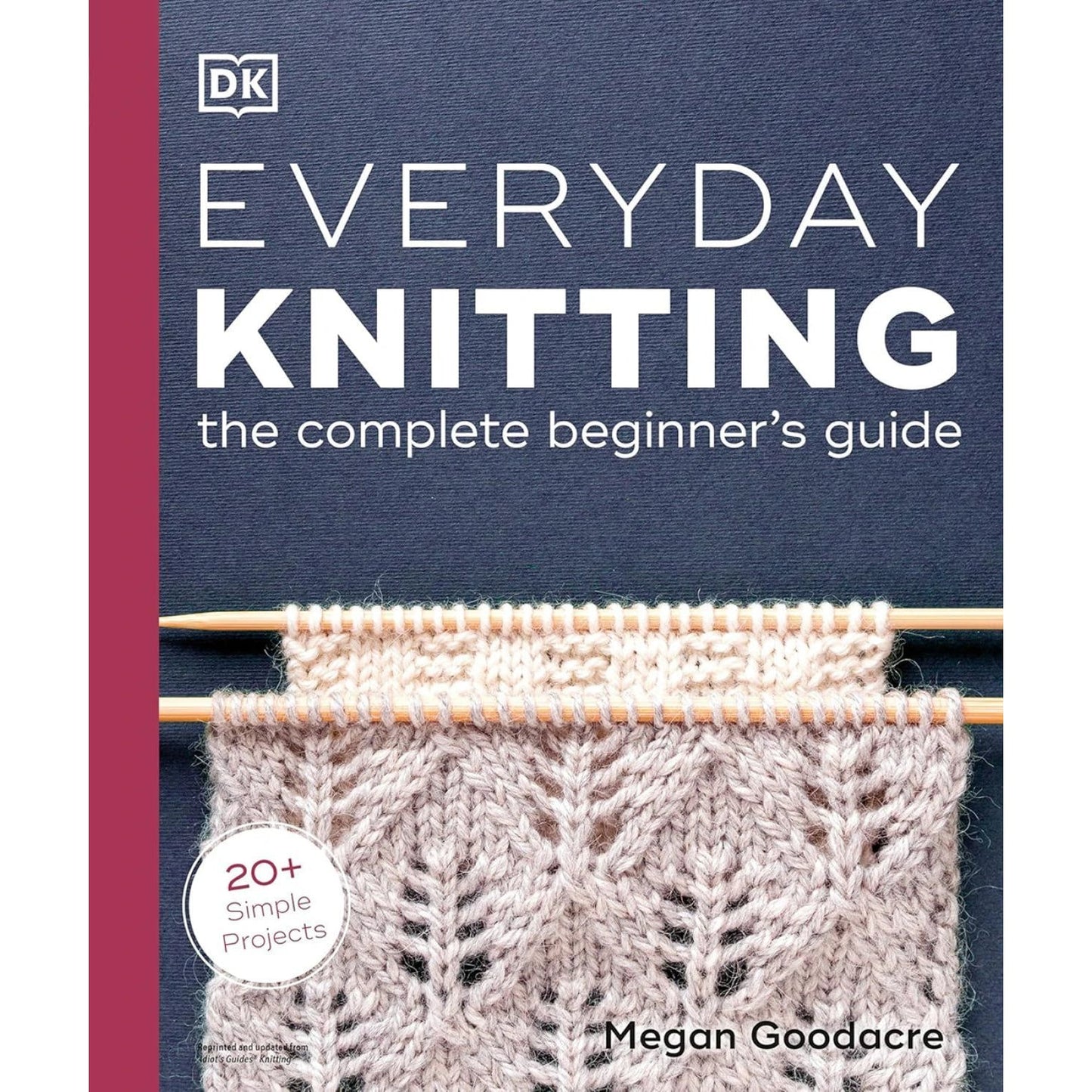Book cover Everyday Knitting with lace swatch on wooden needles by Checker Distributors complete knitting book for newbies