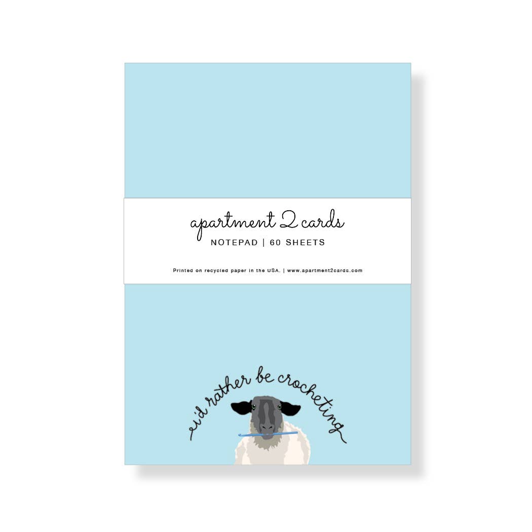 apartment 2 cards crochet notepad light blue cover with sheep illustration and curved wed rather be crocheting text 60 sheets