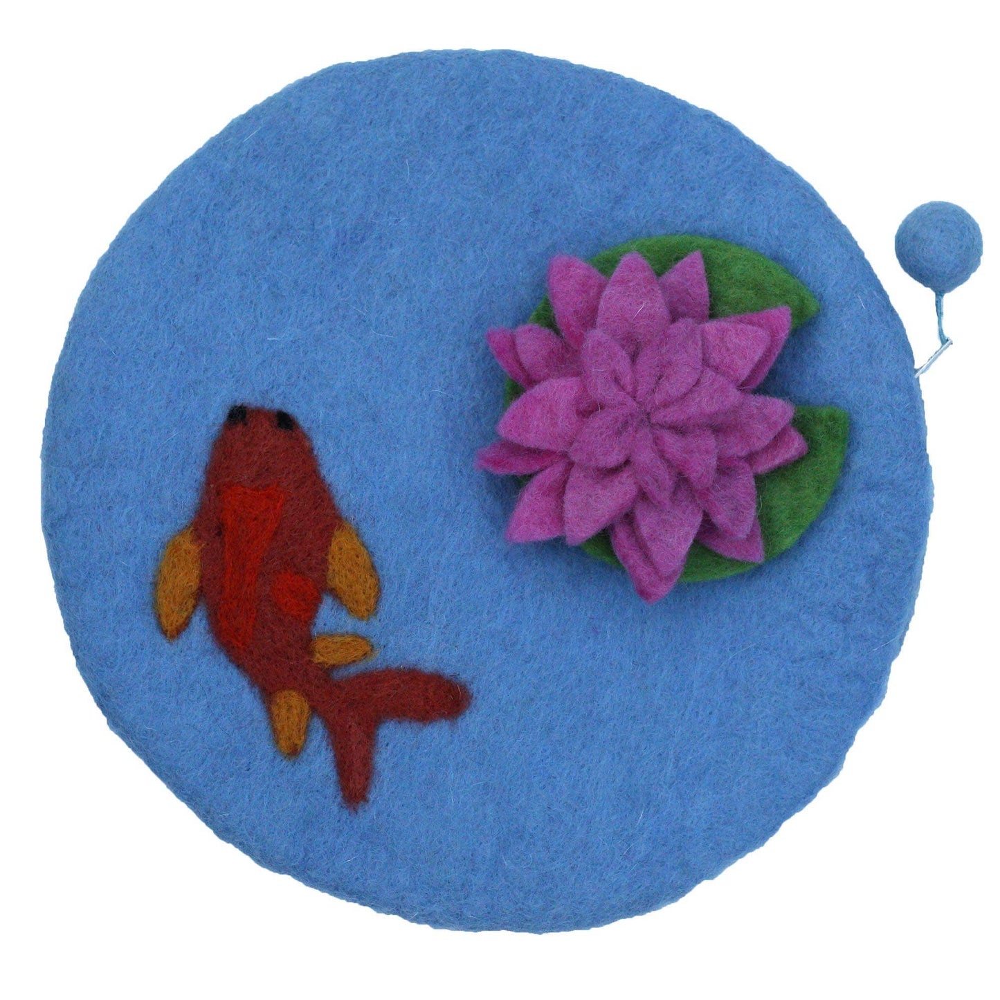 Unique round felt bag with a purple flower and a goldfish design on a blue background