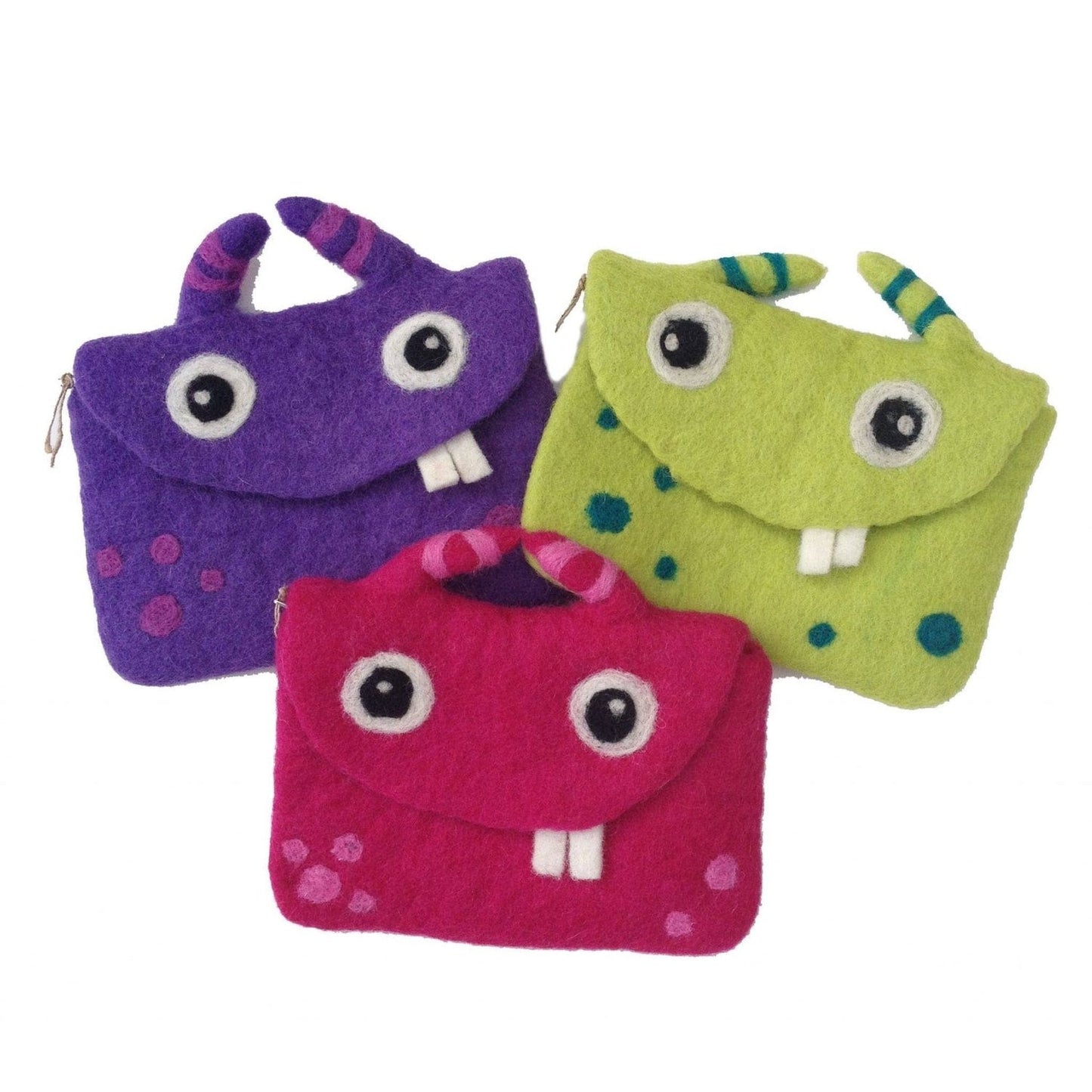 Colorful felt bag set featuring monster designs in purple, green, and pink with playful features