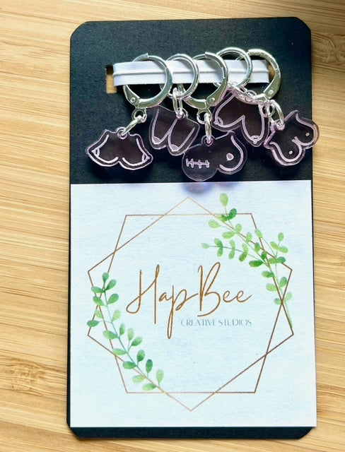 HapBee Creative Studios pack of clear acrylic boobs stitch markers for knitting on presentation card