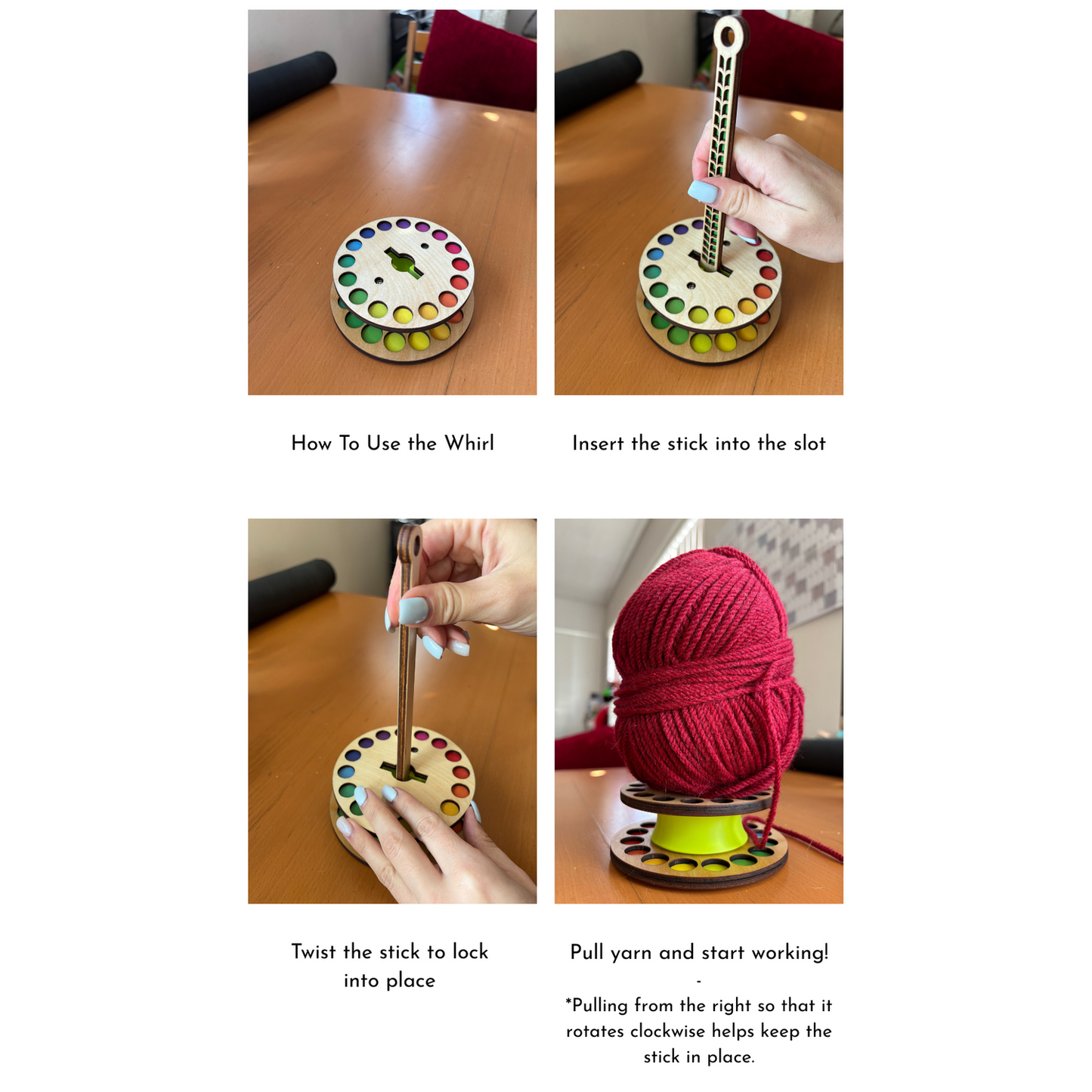 Lemonwood yarn whirl with colorful slots demonstrating how to use it for organizing yarn with waves