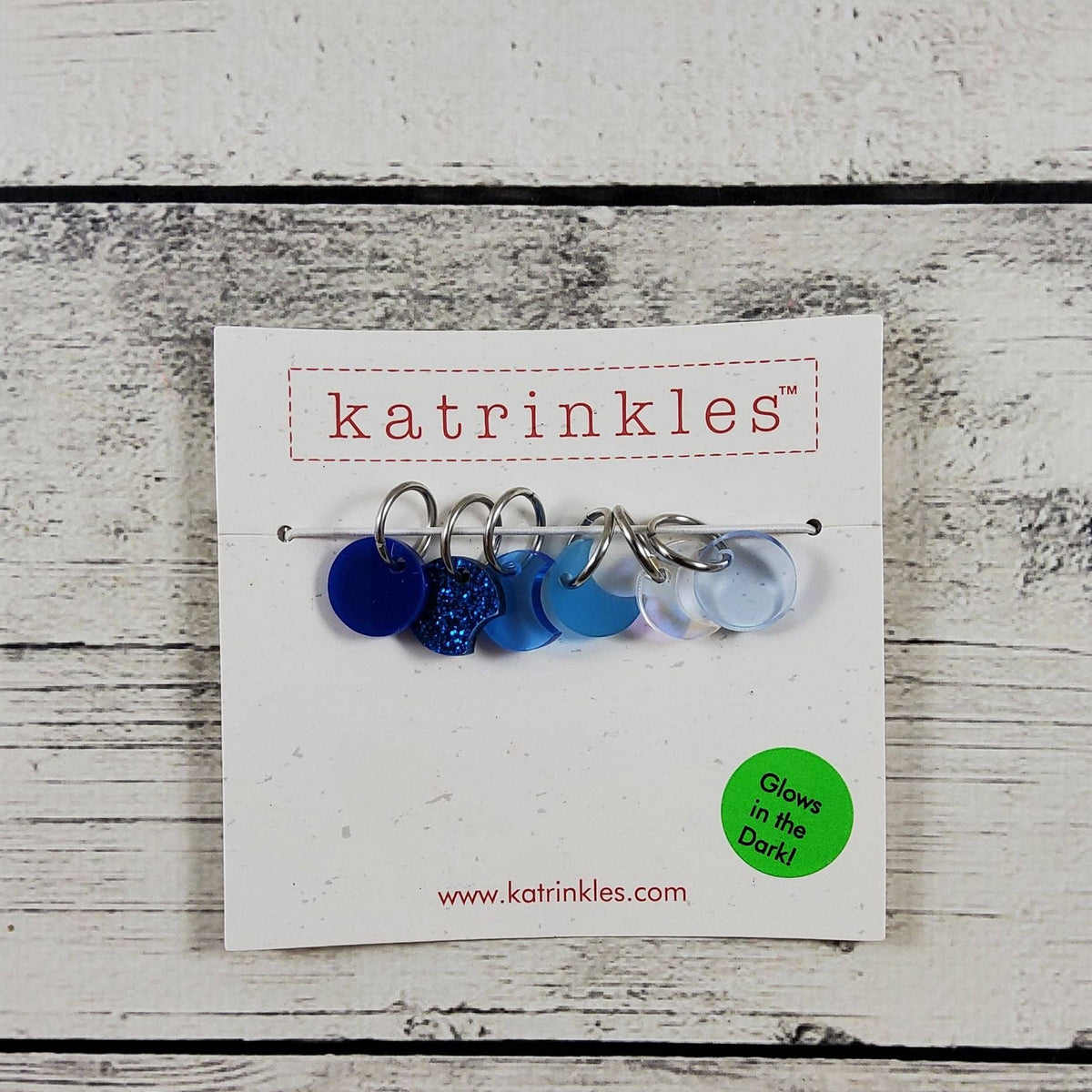 Katrinkles current moon phases today stitch markers in blue shades, perfect for knitters and crocheters