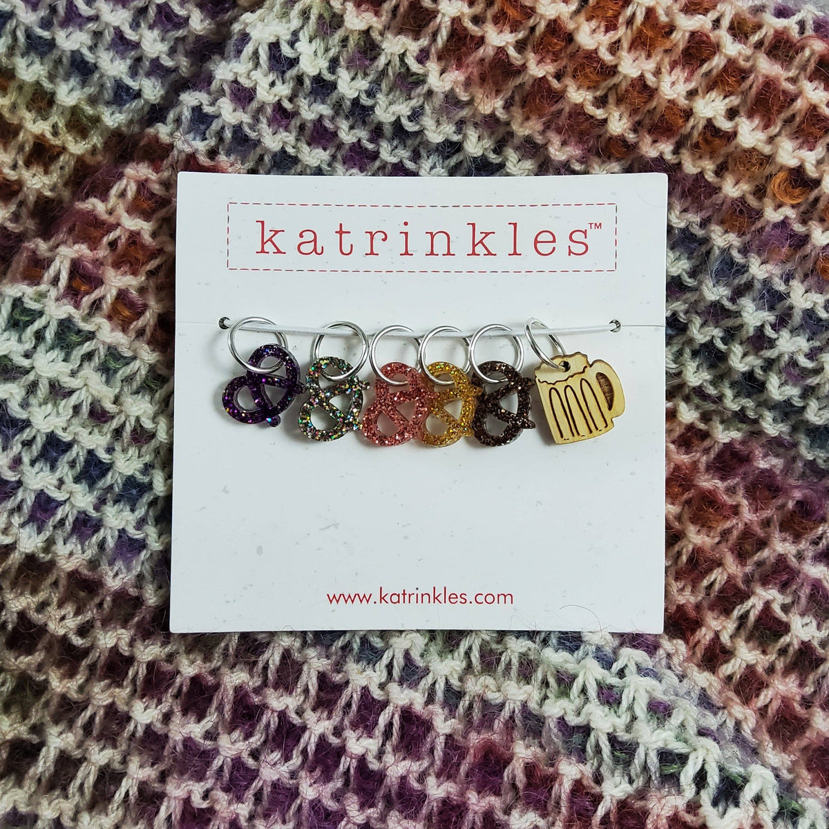 Katrinkles stitch markers for crocheting in various colors with a unique beer mug design