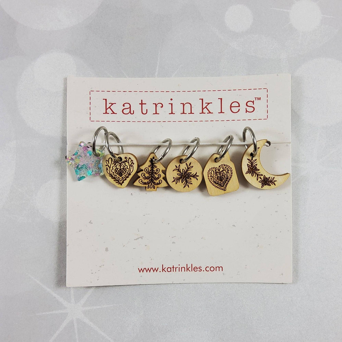 Katrinkles wooden stitch markers for crocheting in various designs, set of five on a display card