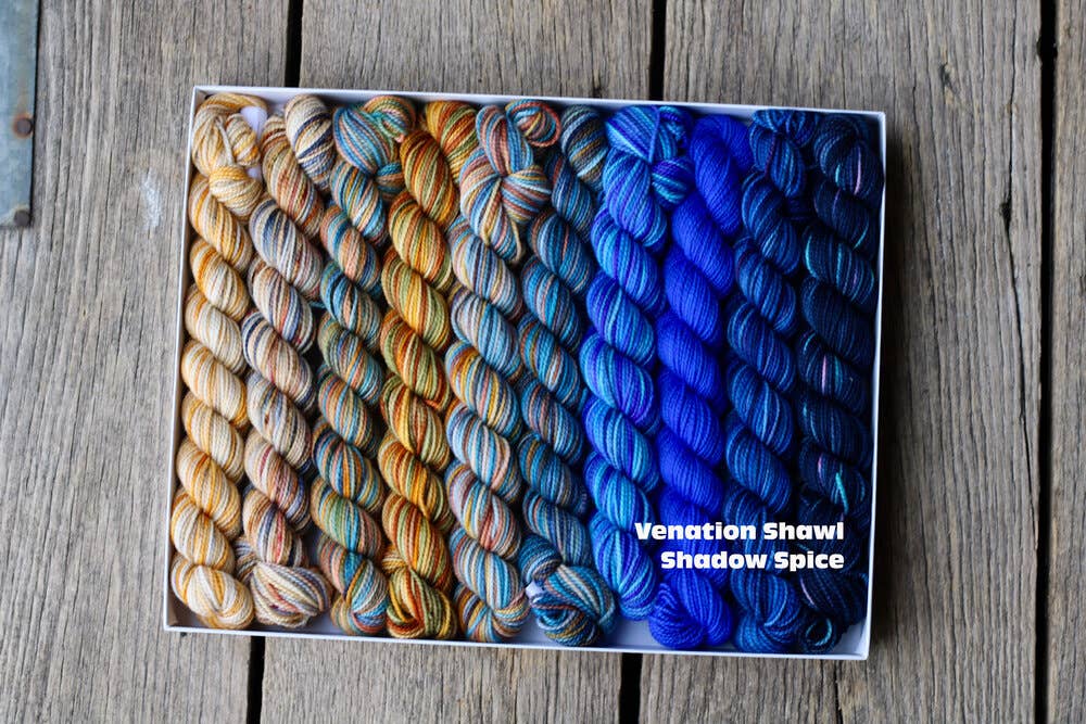 Koigu Wool Designs - Venation Shawl Kits - Pencil Boxes x Ambah LYS Day 2025 Shadow Spice