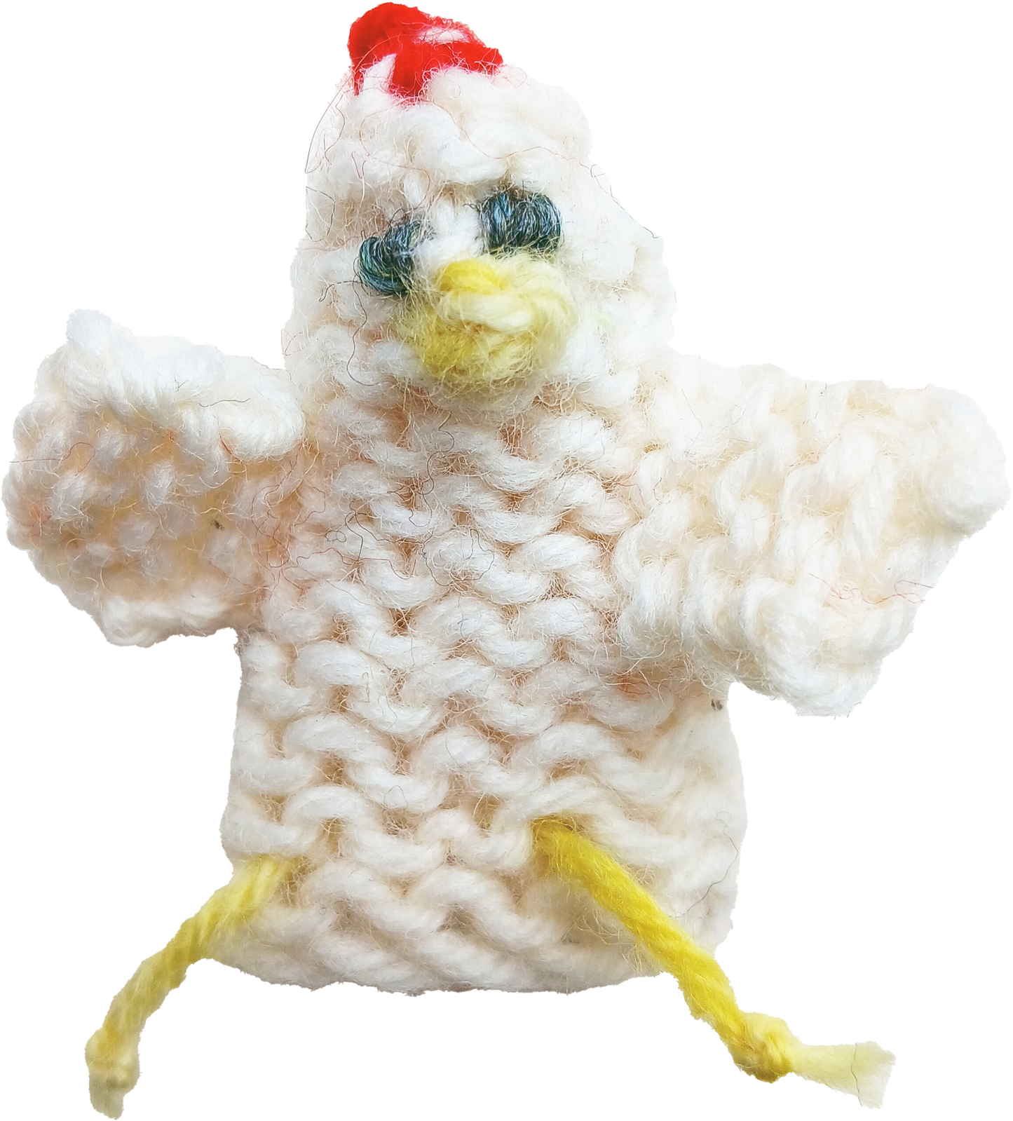 AriYARN Shop and Studio kids knitted chicken puppet sample promoting children's knitting classes near Chicago