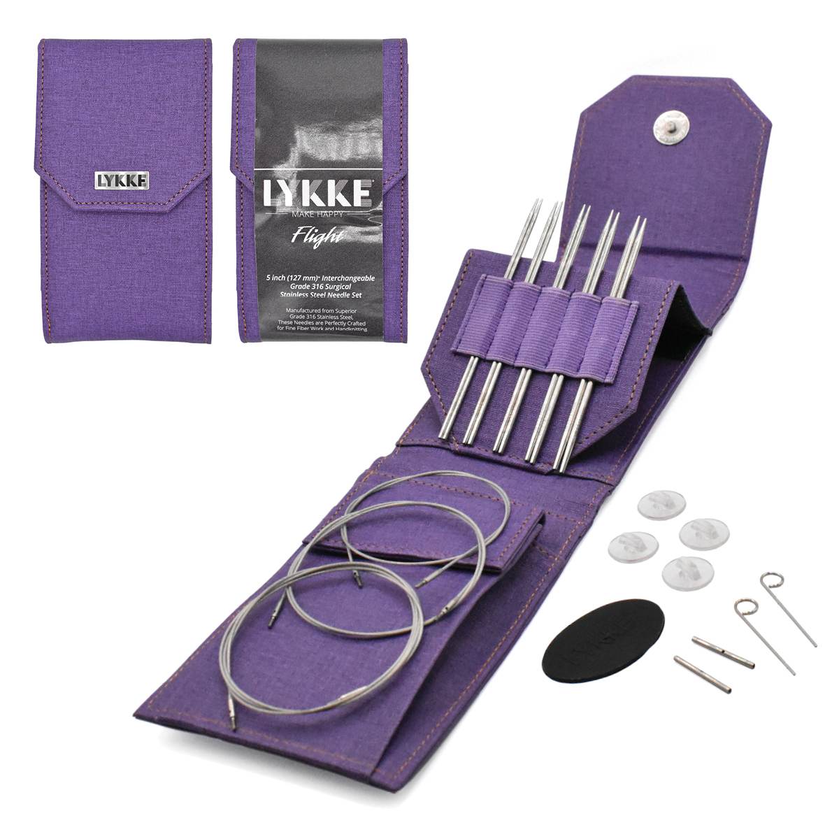 Lykke Flight interchangeable needle set in purple case with multiple needle sizes and accessories included