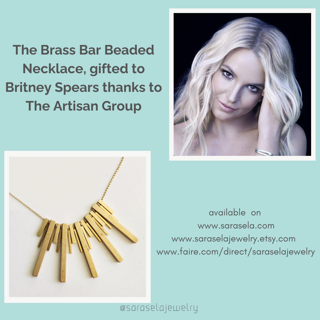 Sara Sela brass bar necklace with dangling bars on chain shown with blonde woman portrait beaded edgy fashion necklace