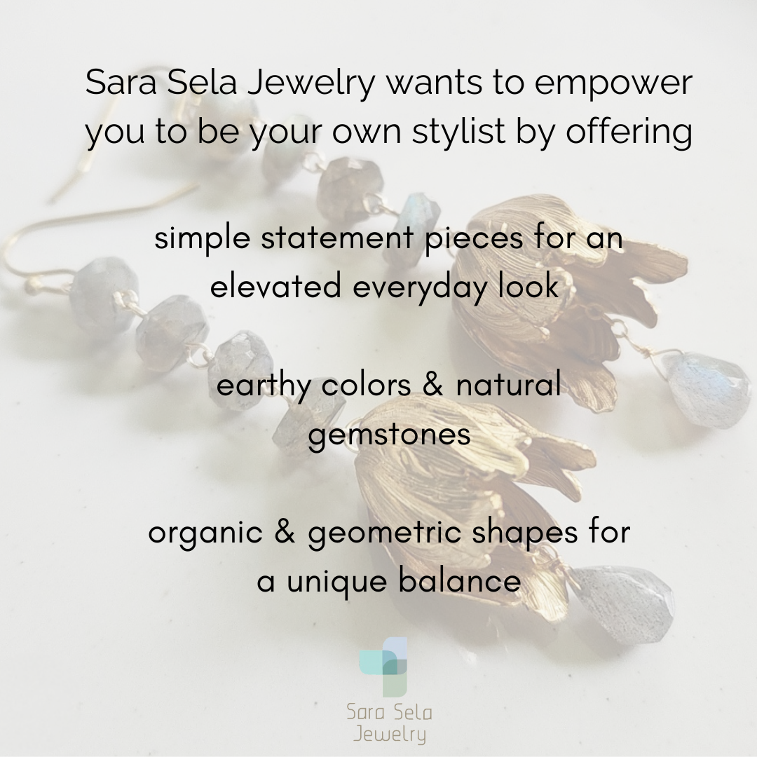 Sara Sela Jewelry promotional image with brass open heart necklace and earthy gemstone earrings